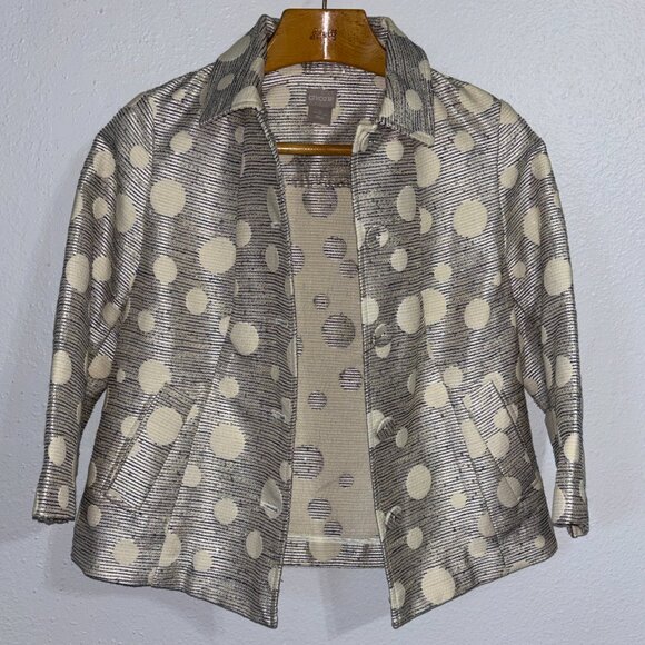 Chico’s Shine Jacquard Jacket Metallic Polka Dot Navy Cream Blazer Size 0 (4/6) - Picture 1 of 9